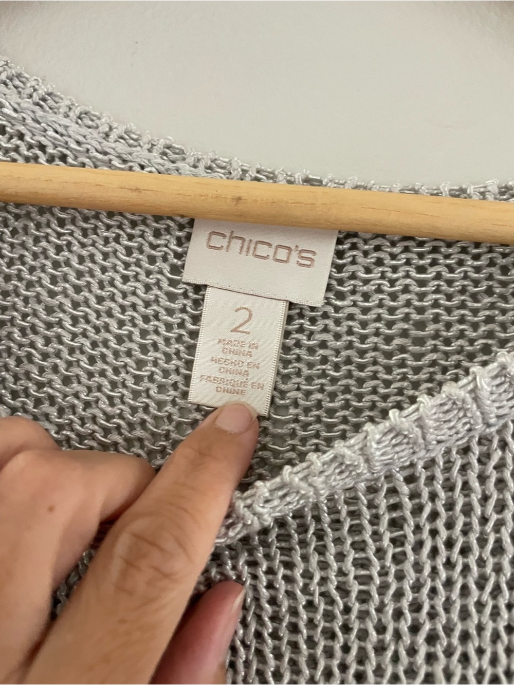 Chicos Light Gray & Metalic Open Knit Asymmetrical Knit Sweater - Picture 4 of 5